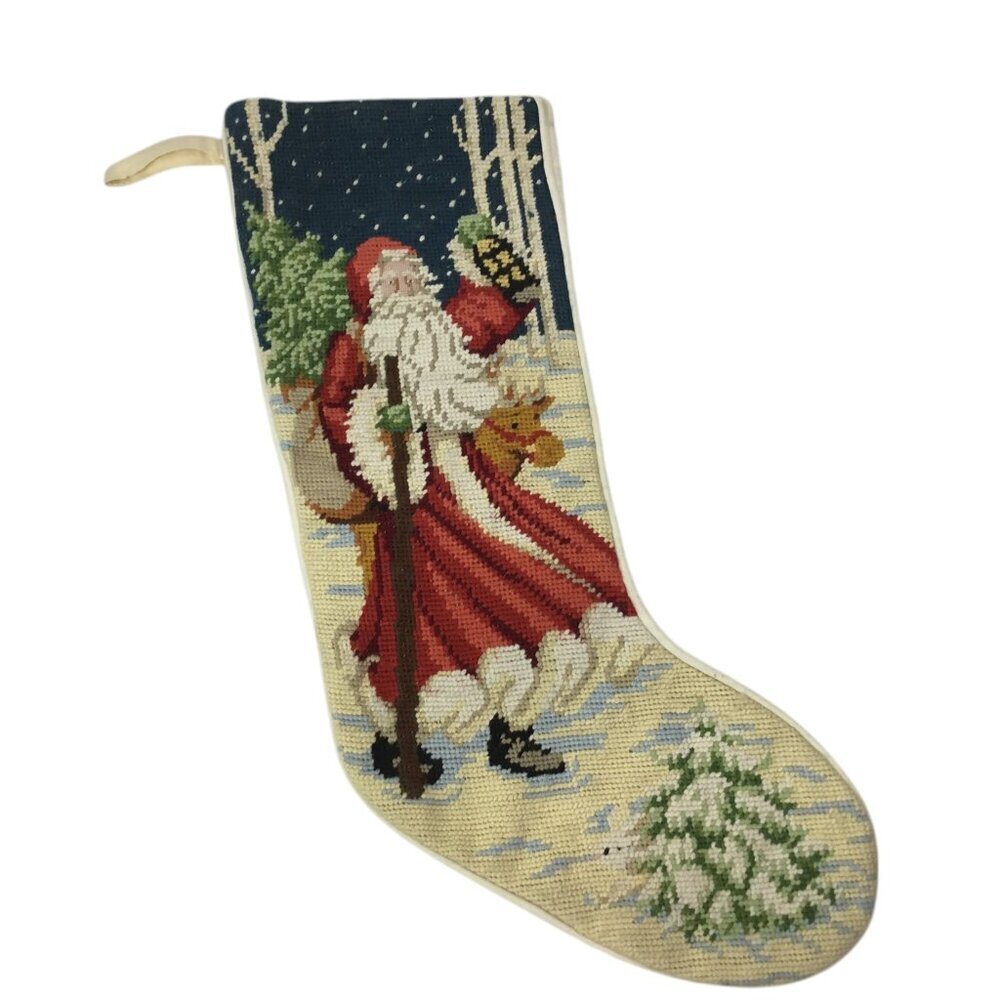 Needlepoint Christmas Stocking Vintage Victorian Santa Reindeer Winter Wool Yarn